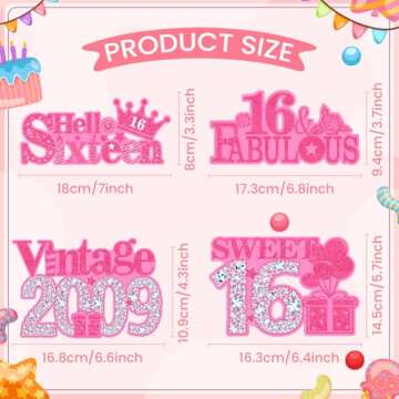 4Pcs Pink 16th Birthday Decorations Sweet 16 Birthday Table Decorations Hot Pink Silver 16th Birthda...