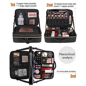 Relavel Makeup Case Large Makeup Bag Professional Train Case 16.5 inches Travel Cosmetic Organizer Brush Holder Waterproof Makeup Artist Storage Box, 3 Layer Large Capacity, with Adjustable Strap