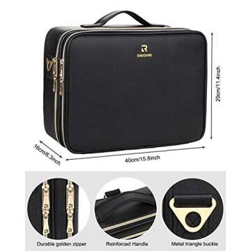 Relavel Makeup Case Large Makeup Bag Professional Train Case 16.5 inches Travel Cosmetic Organizer Brush Holder Waterproof Makeup Artist Storage Box, 3 Layer Large Capacity, with Adjustable Strap