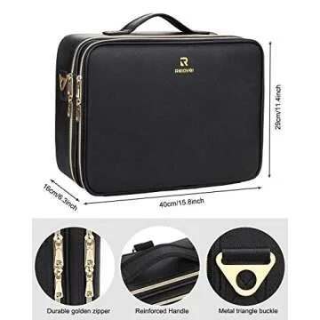 Relavel Makeup Case Large Makeup Bag Professional Train Case 16.5 inches Travel Cosmetic Organizer Brush Holder Waterproof Makeup Artist Storage Box, 3 Layer Large Capacity, with Adjustable Strap