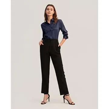 LilySilk Silk Blouse Shirts Womens Long Sleeves Collared 19MM Silk Charmeuse Office Wear Basic Simple Tops Navy Blue M/8-10