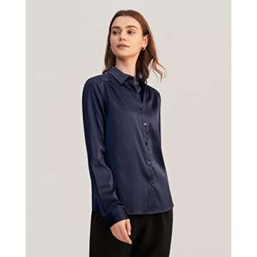 LilySilk Silk Blouse Shirts Womens Long Sleeves Collared 19MM Silk Charmeuse Office Wear Basic Simple Tops Navy Blue M/8-10