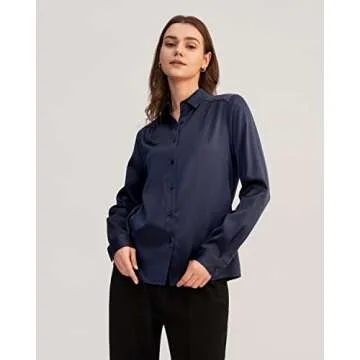 LilySilk Silk Blouse Shirts Womens Long Sleeves Collared 19MM Silk Charmeuse Office Wear Basic Simple Tops Navy Blue M/8-10