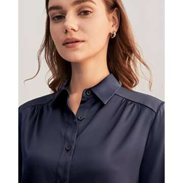 LilySilk Silk Blouse Shirts Womens Long Sleeves Collared 19MM Silk Charmeuse Office Wear Basic Simple Tops Navy Blue M/8-10