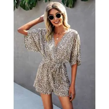 PRETTYGARDEN Women’s Floral Print Shorts Jumpsuit Wrap V Neck 3/4 Sleeve Casual Loose Oversized Romper With Pockets (Khaki, Medium)