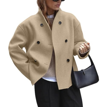 UATKIMI Women's Double Breasted Coat Casual Winter Wool Blend Jacket Stand Collar Long Sleeve Pea Co...