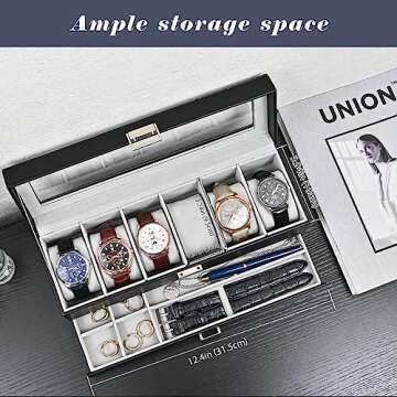 ProCase Watch Box for Men, 6 Slot Watch Display Case with Drawer, Mens Watch Case With Glass Lid, 2-...