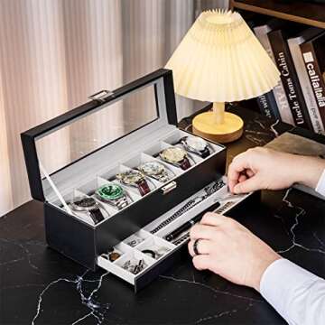 ProCase Watch Box for Men, 6 Slot Watch Display Case with Drawer, Mens Watch Case With Glass Lid, 2-Layer Jewelry and Watch Storage Watch Holder Organizer for Men Women -6 Slot, Black