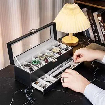 ProCase Watch Box for Men, 6 Slot Watch Display Case with Drawer, Mens Watch Case With Glass Lid, 2-Layer Jewelry and Watch Storage Watch Holder Organizer for Men Women -6 Slot, Black