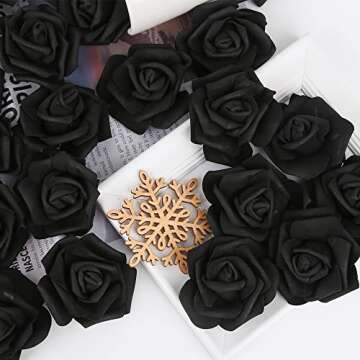 INSUNSIX Artificial Rose Flowers,100 pcs Foam Roses Bulk Black Fake Flower Heads for DIY Crafts Wedding Bouquets Rose Wall Kissing Balls Bridal Shower Party Decorations(Black)