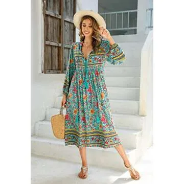 R.Vivimos Women's Long Sleeve Floral Print Retro V Neck Tassel Bohemian Midi Dresses (Small, Green)