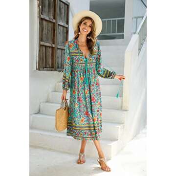 R.Vivimos Women's Long Sleeve Floral Print Retro V Neck Tassel Bohemian Midi Dresses (Small, Green)
