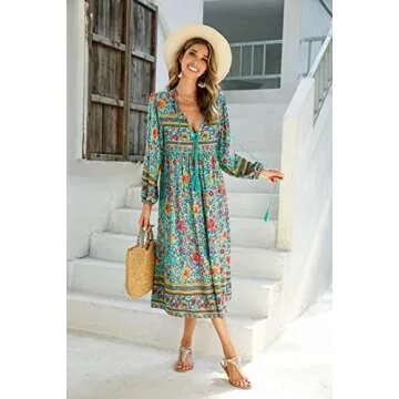 R.Vivimos Women's Long Sleeve Floral Print Retro V Neck Tassel Bohemian Midi Dresses (Small, Green)