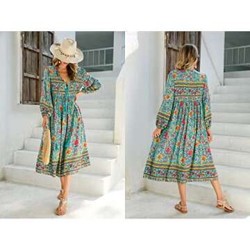 R.Vivimos Women's Long Sleeve Floral Print Retro V Neck Tassel Bohemian Midi Dresses (Small, Green)