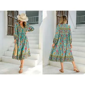 R.Vivimos Women's Long Sleeve Floral Print Retro V Neck Tassel Bohemian Midi Dresses (Small, Green)
