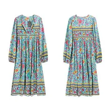 R.Vivimos Women's Long Sleeve Floral Print Retro V Neck Tassel Bohemian Midi Dresses (Small, Green)