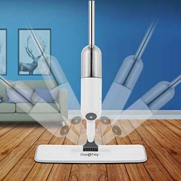 True & Tidy® SPRAY-250 Multi-Surface Spray Mop with Refillable Water Bottle for Floor Cleaning, Works on Wood, Tile, Marble etc, Use Any Cleaning Solution, Machine Washable Microfiber Mop Pads, White