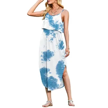 LILBETTER Women's Summer Casual Dress Adjustable Strappy Split Floral Midi Beach Dress(Flower Blue,S...