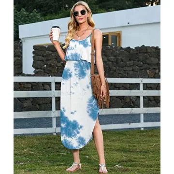 LILBETTER Women's Summer Casual Dress Adjustable Strappy Split Floral Midi Beach Dress(Flower Blue,Small)