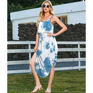 LILBETTER Women's Summer Casual Dress Adjustable Strappy Split Floral Midi Beach Dress(Flower Blue,Small)