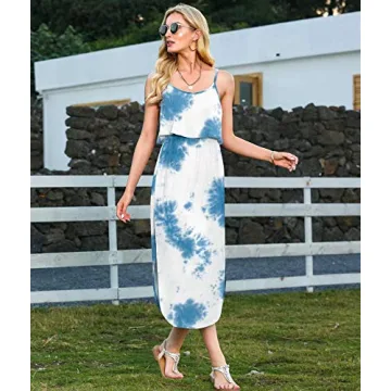 LILBETTER Women's Summer Casual Dress Adjustable Strappy Split Floral Midi Beach Dress(Flower Blue,Small)