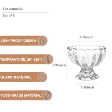 DNIENKGE Iced Cream Dessert Bowl，Set of 9，6oz Vintage Glass ware with Heavy Base, Drinking Cup f...