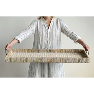 Creative Co-Op Large Rattan Tray with Metal Handles