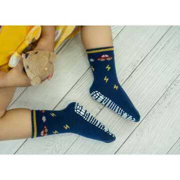 RATIVE Anti Skid Non Slip Slipper Cotton Crew Dress Socks With Grips for Baby Walker Toddlers Kids Boys 2T 3T (1-3T, 12-pairs/RB-71112)