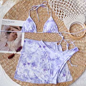 MakeMeChic Women's 3packs Tie Dye Triangle Bikini Swimsuit and Beach Skirt Purple S