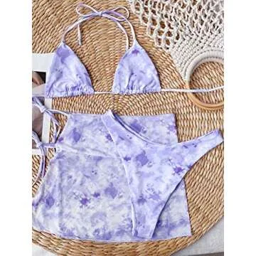 MakeMeChic Women's 3packs Tie Dye Triangle Bikini Swimsuit and Beach Skirt Purple S