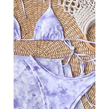 MakeMeChic Women's 3packs Tie Dye Triangle Bikini Swimsuit and Beach Skirt Purple S