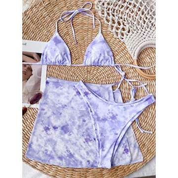 MakeMeChic Women's 3packs Tie Dye Triangle Bikini Swimsuit and Beach Skirt Purple S