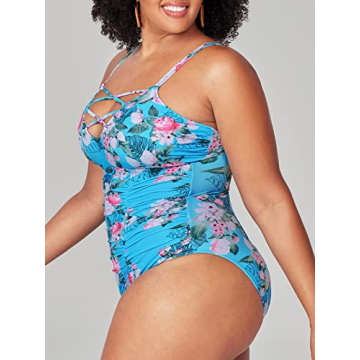 CUPSHE Blue Floral Plus Size Swimsuit Adjustable Straps
