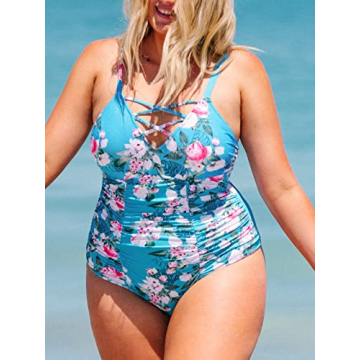 CUPSHE Blue Floral Plus Size Swimsuit Adjustable Straps