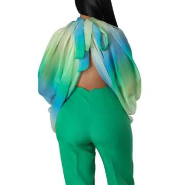 Remxi Women's Sexy See Through Chiffon Sheer Lantern Sleeve Front Back Open High Neck Self Tie Shawl Casual Shirts Blouses Tops Green M