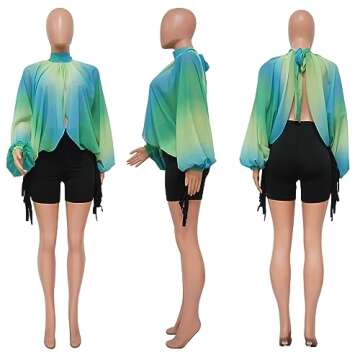 Remxi Women's Sexy See Through Chiffon Sheer Lantern Sleeve Front Back Open High Neck Self Tie Shawl Casual Shirts Blouses Tops Green M