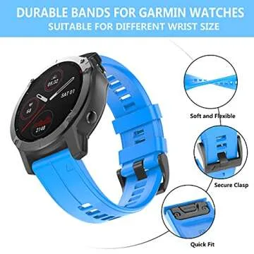 OVERSTEP Compatible with Garmin Fenix 5 Watch Band 22mm Soft Silicone Bands for Fenix 6/Fenix 7/Fenix 5 Plus/Fenix 6 Pro/Forerunner 935/Forerunner 945/Approach S60/Quatix 5 Smartwatch (Sky Blue)
