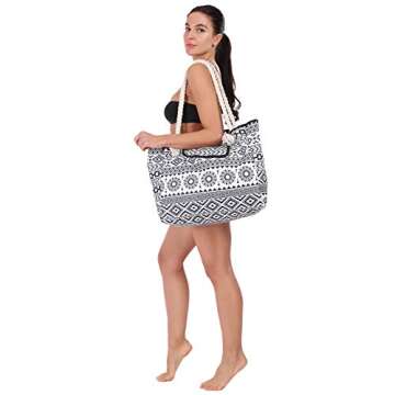 Women Beach Bag Large Waterproof Sandproof, Mandala Boho Bohemian Black White Extra Canvas Pool Tote...