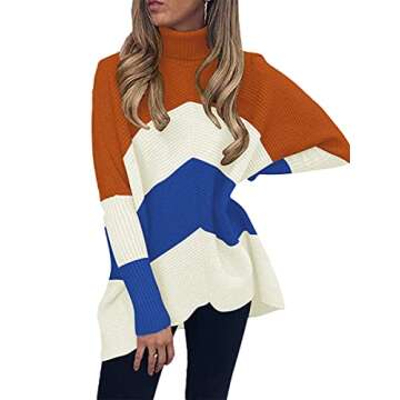 ANRABESS Womens Long Sleeve Turtle Cowl Neck Casual Color Block Knitted Pullover High-Low Hem Sweaters A87bailan-XL