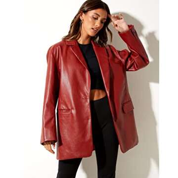 Ynocfri Women Faux Leather Blazer Red Stylish Oversized