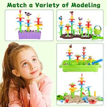 Flower Garden Building Toys for Girls Age 3, 4, 5, 6, 7 Year Old - STEM Toy with 2.5lbs Sand Gardening Pretend Gift for Kids - Stacking Game for Toddlers Play Set - Educational Activity for Preschool