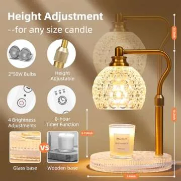 Adjustable Height Candle Warmer Lamp with Timer, Dimmable All Glass Retro Candle Lamp Warmer Vintage Wax Warmer Lamp with 2 Bulbs, Lamp Candle Warmer for Jar Candles, Elegant Home Decor