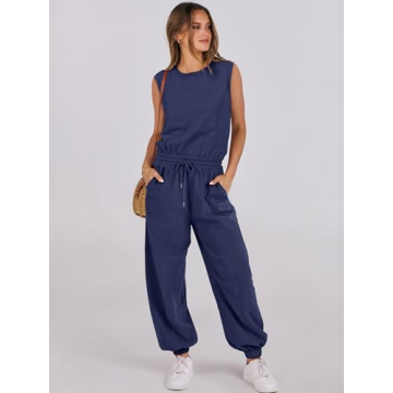 ANRABESS Jumpsuits for Women Casual Summer Sleeveless 2025 Romper One Piece Outfit Active Workout Lounge Jumpsuits Pockets Blue Large