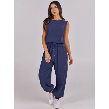 ANRABESS Jumpsuits for Women Casual Summer Sleeveless 2025 Romper One Piece Outfit Active Workout Lounge Jumpsuits Pockets Blue Large