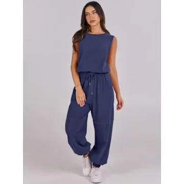 ANRABESS Jumpsuits for Women Casual Summer Sleeveless 2025 Romper One Piece Outfit Active Workout Lounge Jumpsuits Pockets Blue Large