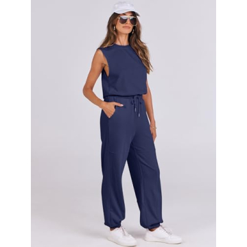 ANRABESS Jumpsuits for Women Casual Summer Sleeveless 2025 Romper One Piece Outfit Active Workout Lounge Jumpsuits Pockets Blue Large