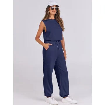 ANRABESS Jumpsuits for Women Casual Summer Sleeveless 2025 Romper One Piece Outfit Active Workout Lounge Jumpsuits Pockets Blue Large