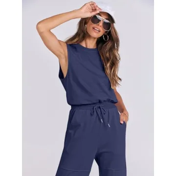 ANRABESS Jumpsuits for Women Casual Summer Sleeveless 2025 Romper One Piece Outfit Active Workout Lounge Jumpsuits Pockets Blue Large