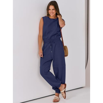 ANRABESS Jumpsuits for Women Casual Summer Sleeveless 2025 Romper One Piece Outfit Active Workout Lounge Jumpsuits Pockets Blue Large