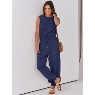ANRABESS Jumpsuits for Women Casual Summer Sleeveless 2025 Romper One Piece Outfit Active Workout Lounge Jumpsuits Pockets Blue Large